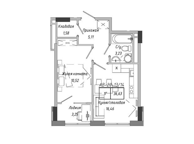 ЖК Artville: планування 1-кімнатної квартири 36.63 м²