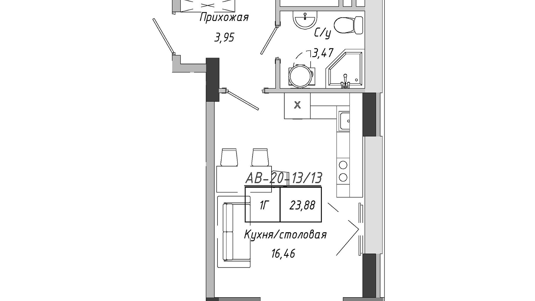 Планировка смарт квартиры в ЖК Artville 23.88 м², фото 601526