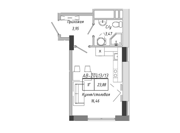 ЖК Artville: планування 1-кімнатної квартири 23.88 м²