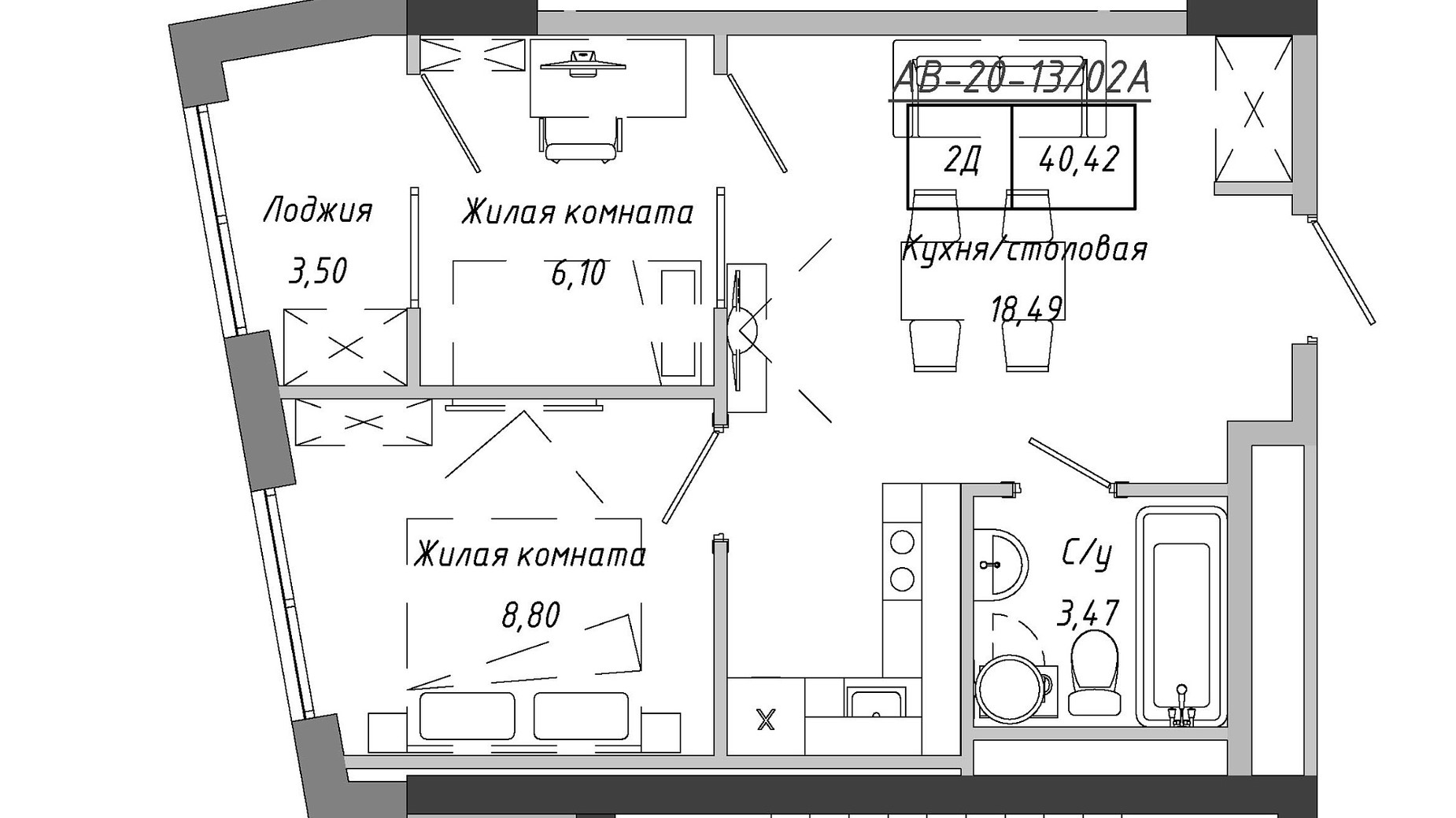 Планування 2-кімнатної квартири в ЖК Artville 40.42 м², фото 601527