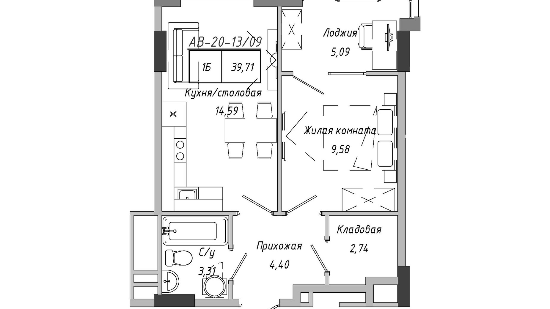 Планировка 1-комнатной квартиры в ЖК Artville 39.71 м², фото 601529