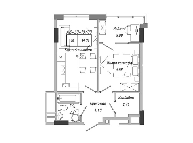 ЖК Artville: планування 1-кімнатної квартири 39.71 м²