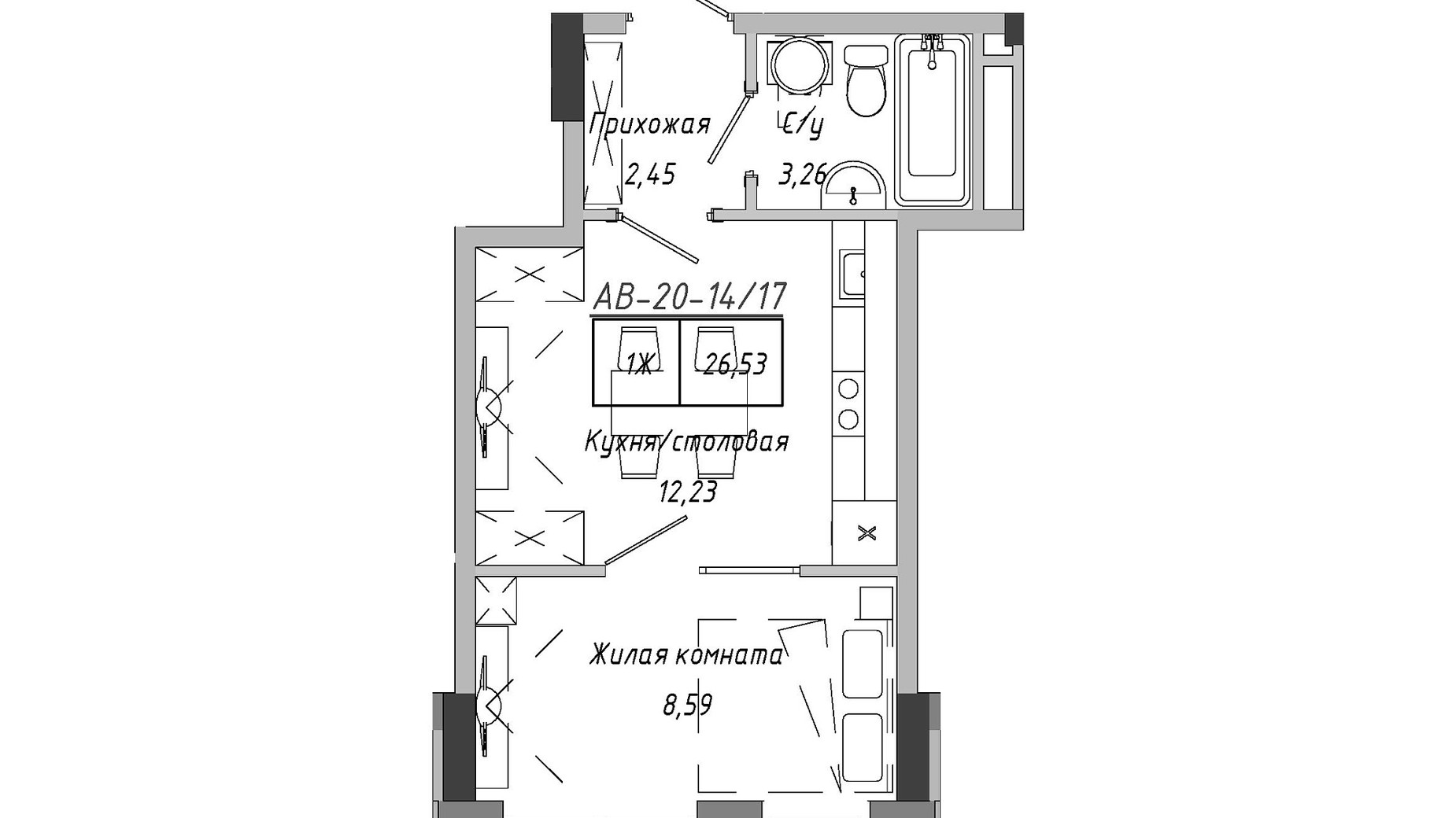 Планировка 1-комнатной квартиры в ЖК Artville 26.53 м², фото 601532