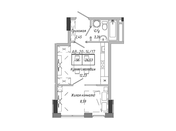 ЖК Artville: планування 1-кімнатної квартири 26.53 м²