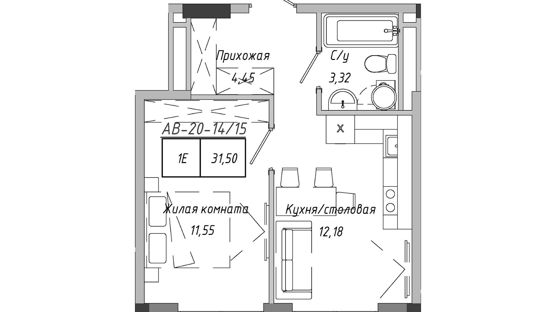 Планировка 1-комнатной квартиры в ЖК Artville 31.5 м², фото 601534