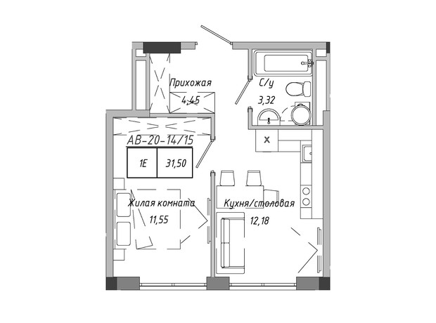 ЖК Artville: планировка 1-комнатной квартиры 31.5 м²
