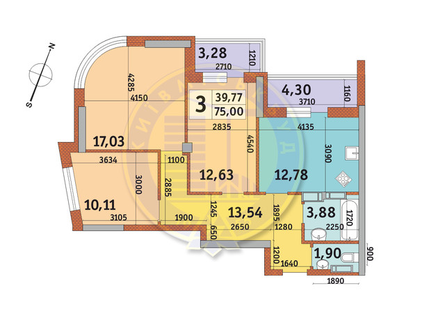 ЖК Урловский-2: планировка 3-комнатной квартиры 75 м²