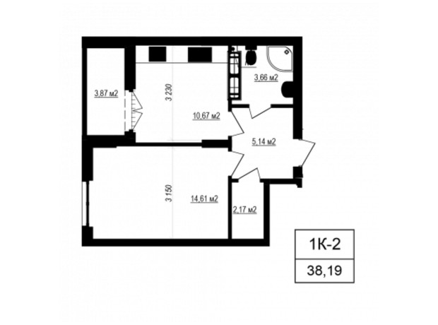 ЖК Щасливий Grand: планування 1-кімнатної квартири 38.19 м²