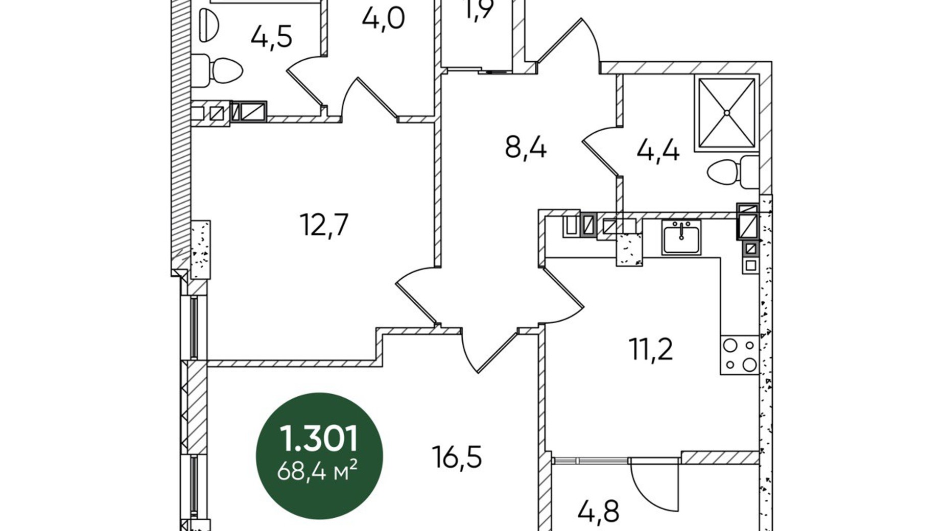 Планировка 2-комнатной квартиры в ЖК Гринвич Парк 68.2 м², фото 601827