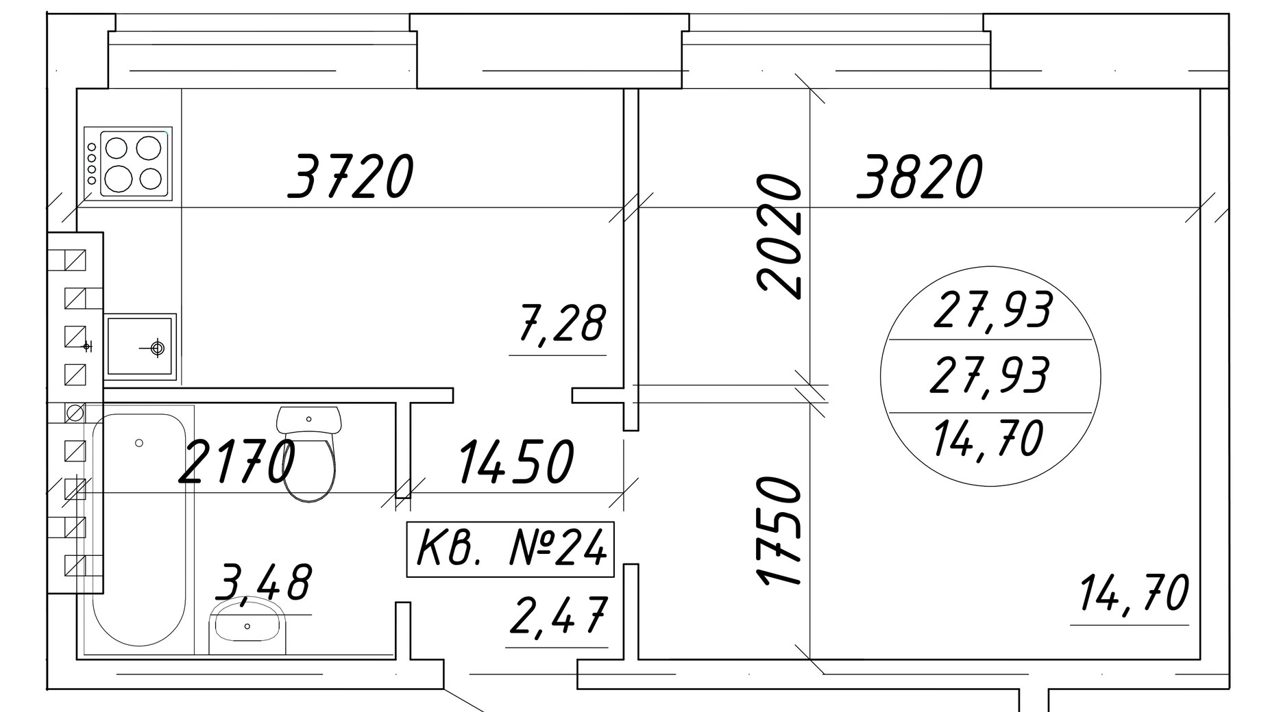 Планировка 1-комнатной квартиры в ЖК ул. Мира, 17 27.93 м², фото 601843