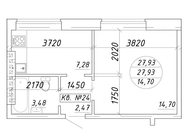 ЖК ул. Мира, 17: планировка 1-комнатной квартиры 27.93 м²