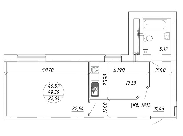 ЖК ул. Мира, 17: планировка 1-комнатной квартиры 49.59 м²