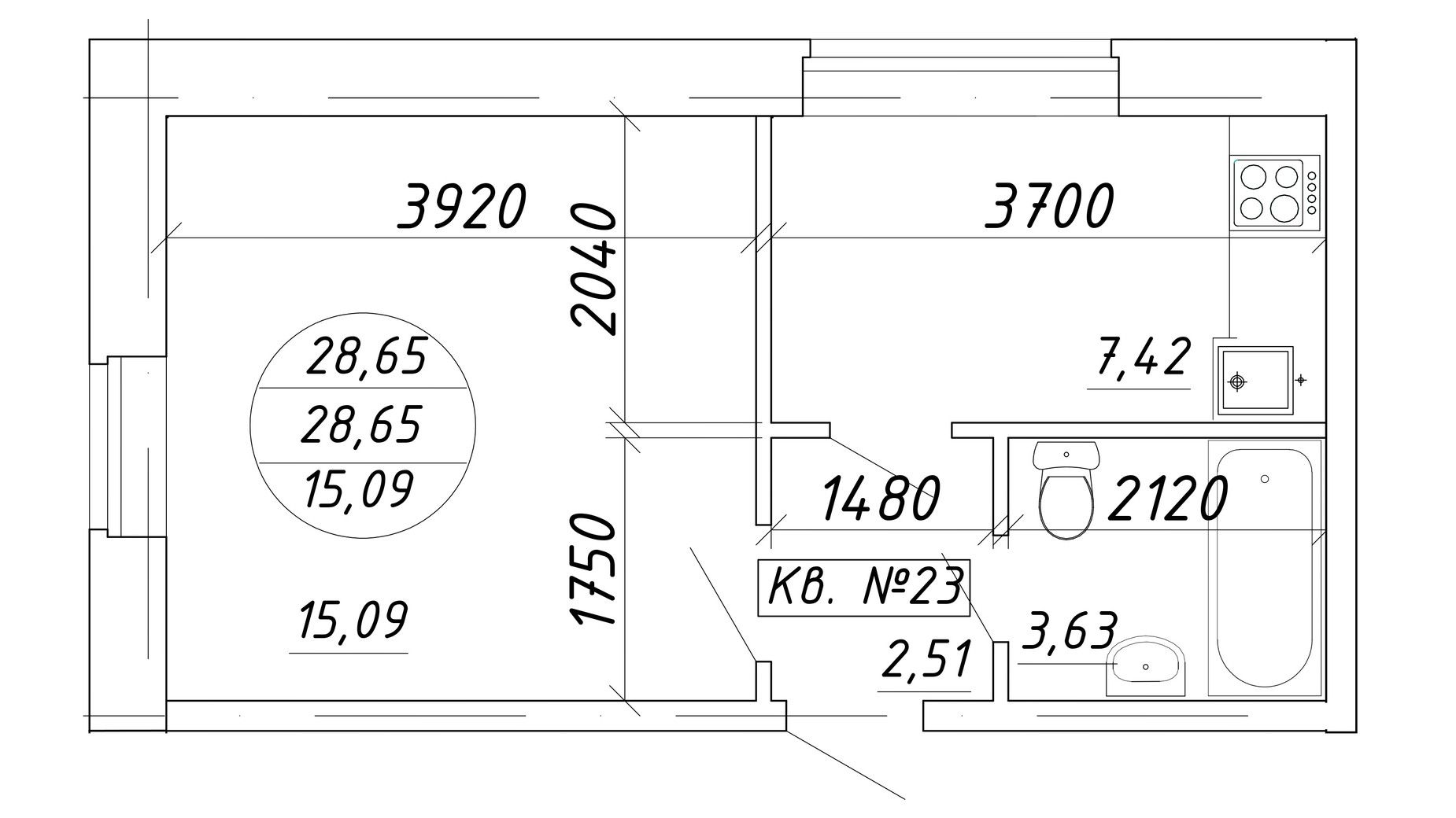 Планировка 1-комнатной квартиры в ЖК ул. Мира, 17 28.65 м², фото 601845