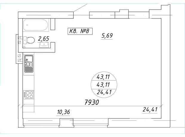 ЖК вул. Миру, 17: планування 1-кімнатної квартири 43.11 м²