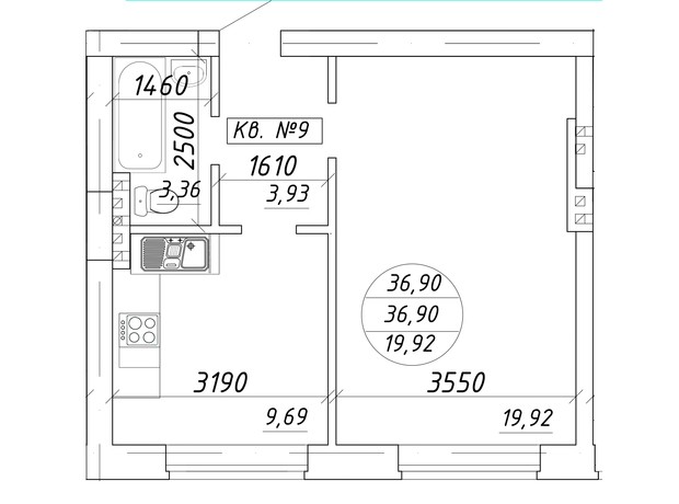 ЖК ул. Мира, 17: планировка 1-комнатной квартиры 36.9 м²