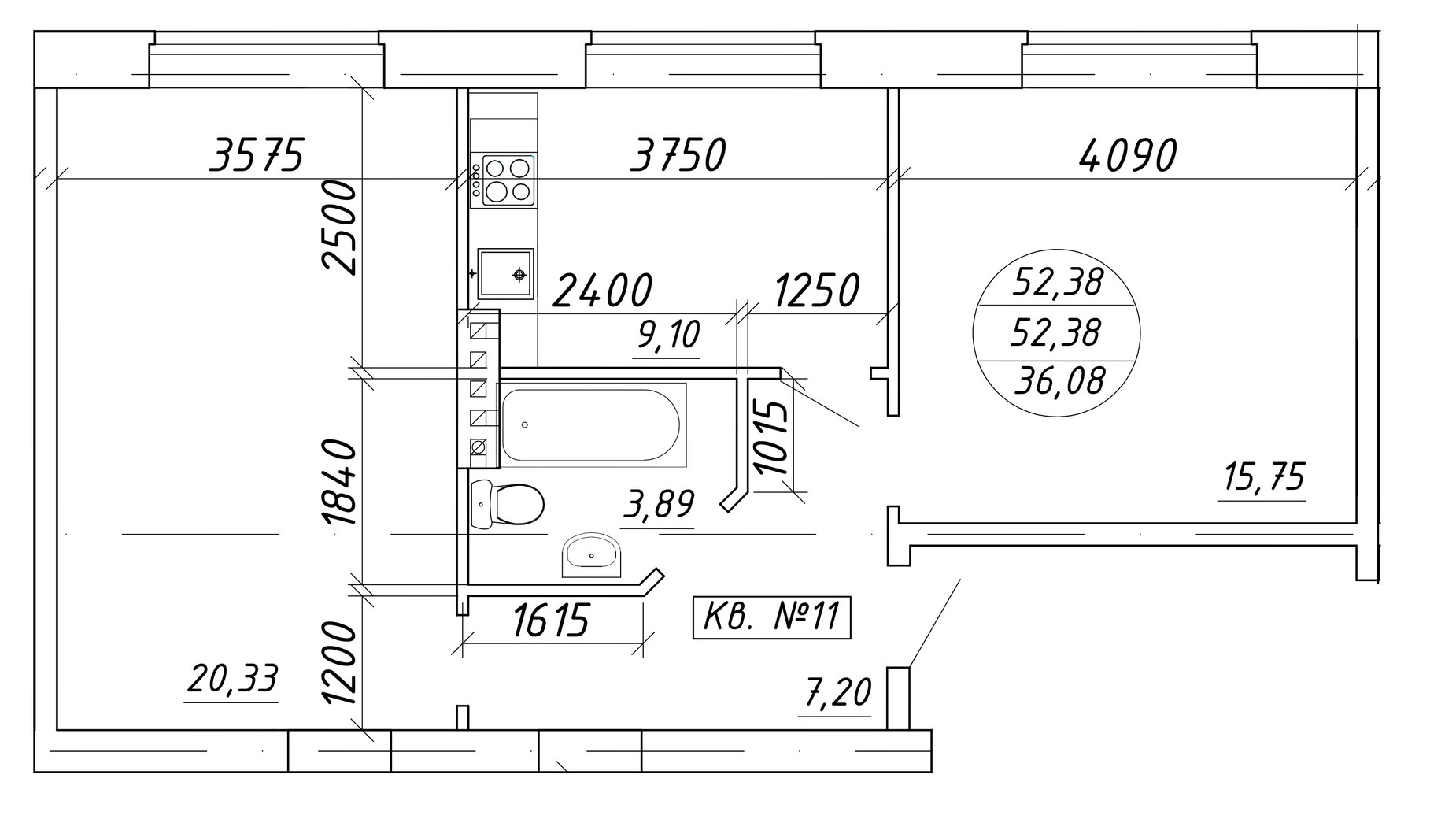 Планировка 2-комнатной квартиры в ЖК ул. Мира, 17 52.38 м², фото 601848