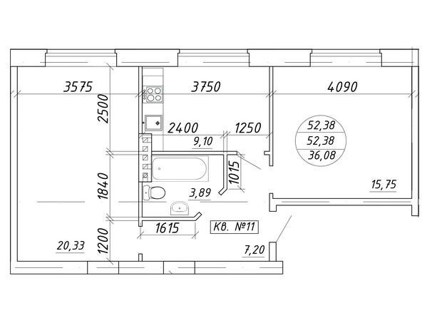 ЖК вул. Миру, 17: планування 2-кімнатної квартири 52.38 м²