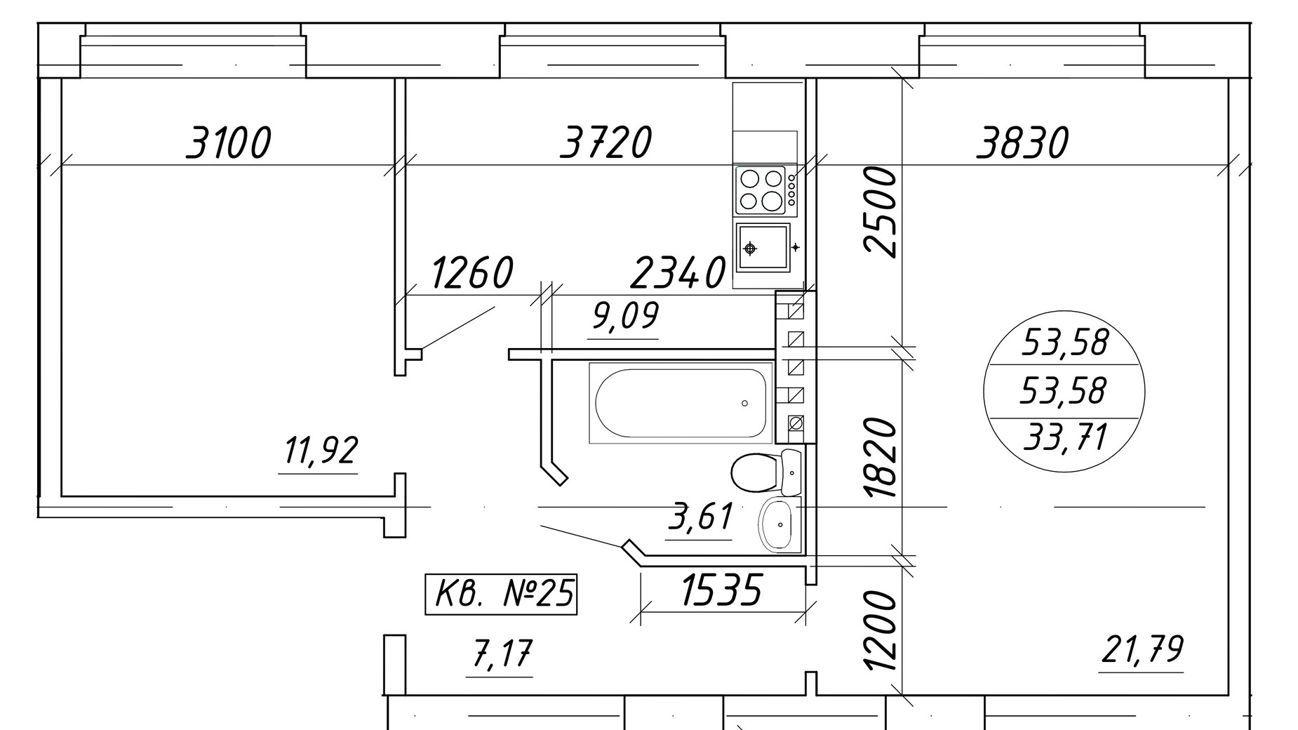 Планировка 2-комнатной квартиры в ЖК ул. Мира, 17 53.58 м², фото 601849