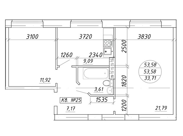 ЖК вул. Миру, 17: планування 2-кімнатної квартири 53.58 м²