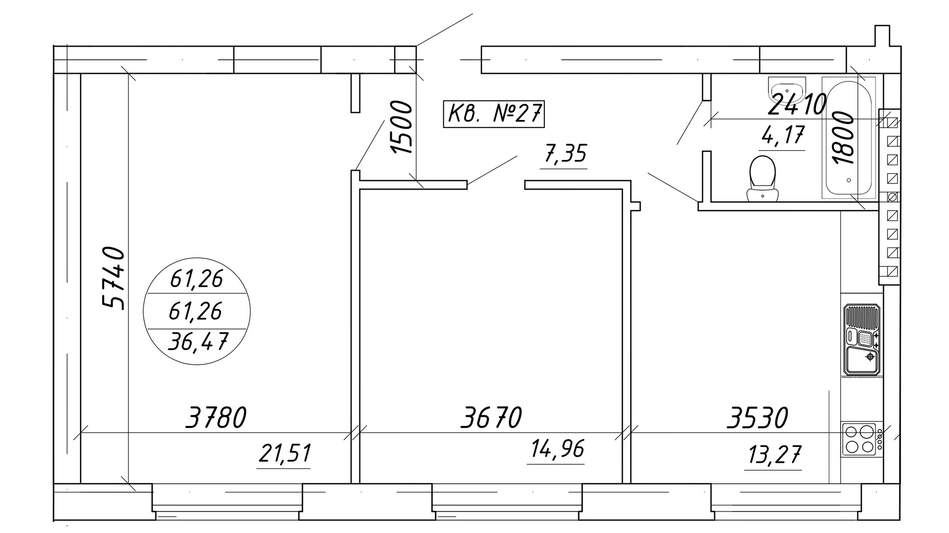 Планировка 2-комнатной квартиры в ЖК ул. Мира, 17 61.26 м², фото 601850