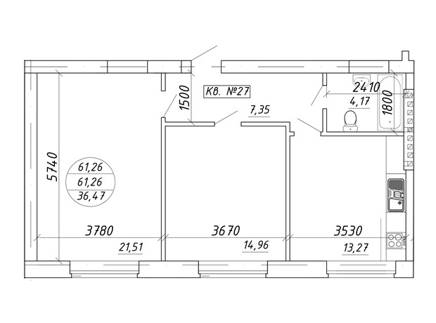 ЖК ул. Мира, 17: планировка 2-комнатной квартиры 61.26 м²