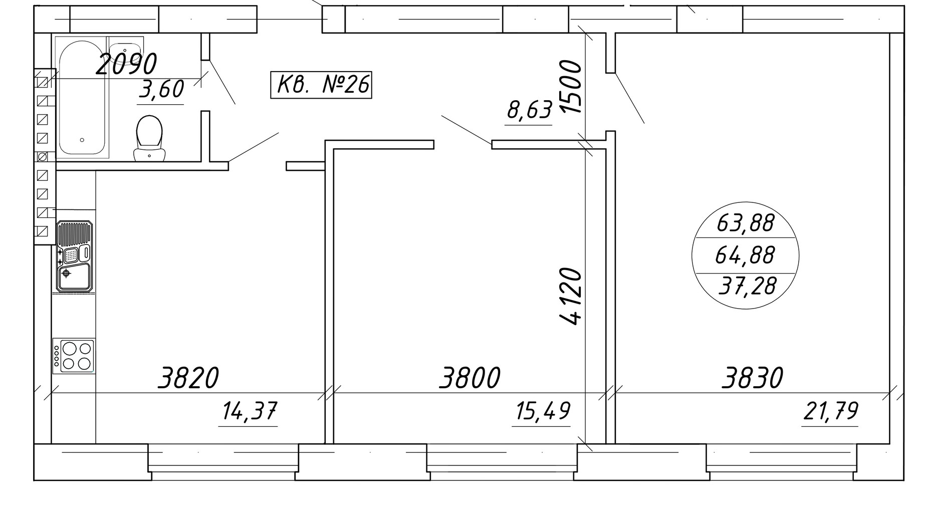 Планировка 2-комнатной квартиры в ЖК ул. Мира, 17 64.88 м², фото 601851