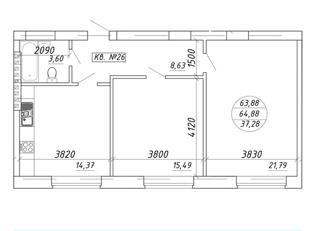ЖК ул. Мира, 17: планировка 2-комнатной квартиры 64.88 м²
