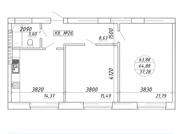 ЖК вул. Миру, 17: планування 2-кімнатної квартири 64.88 м²