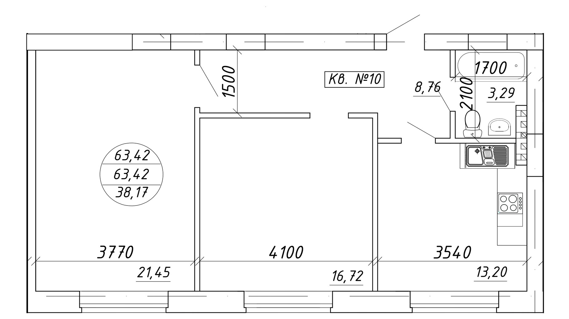 Планировка 2-комнатной квартиры в ЖК ул. Мира, 17 63.42 м², фото 601852