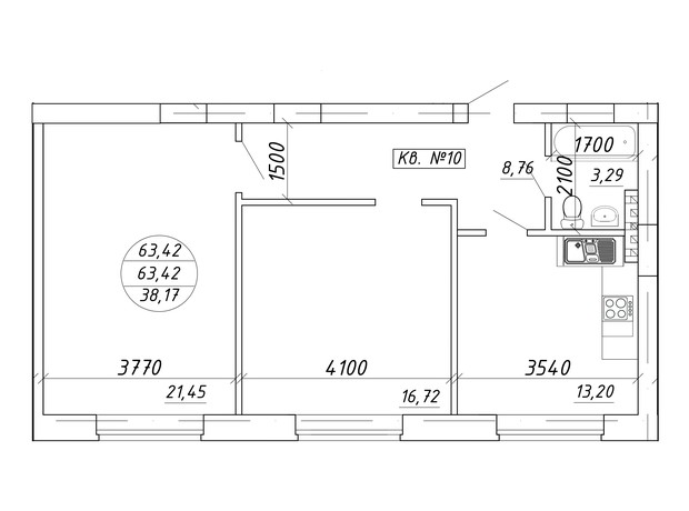 ЖК ул. Мира, 17: планировка 2-комнатной квартиры 63.42 м²