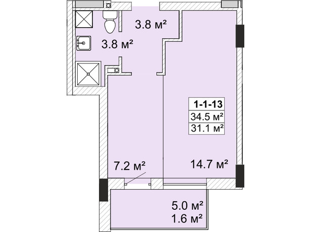 ЖК Smart City - 2: планування 1-кімнатної квартири 34.5 м²