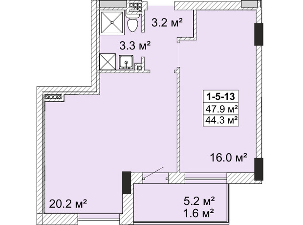 ЖК Smart City - 2: планировка 1-комнатной квартиры 44.5 м²