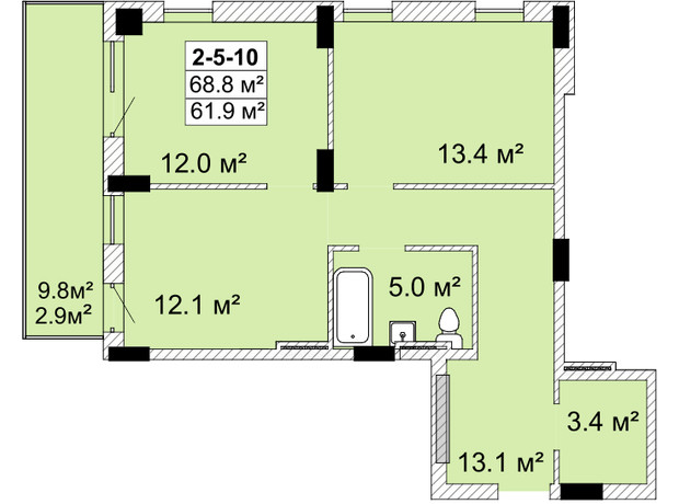 ЖК Smart City - 2: планування 2-кімнатної квартири 60.6 м²