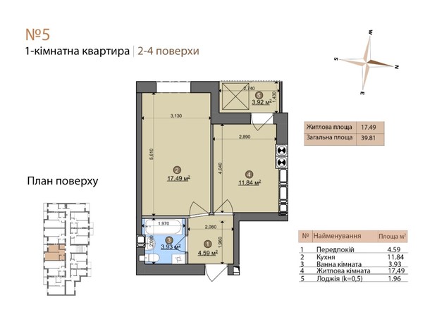 ЖК Fastiv City: планування 1-кімнатної квартири 39.81 м²