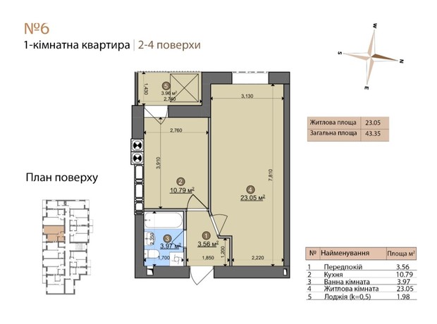 ЖК Fastiv City: планировка 1-комнатной квартиры 43.35 м²