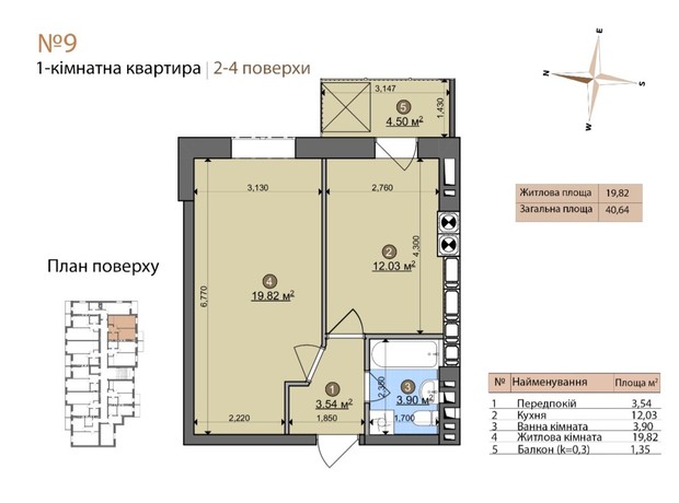 ЖК Fastiv City: планировка 1-комнатной квартиры 40.64 м²