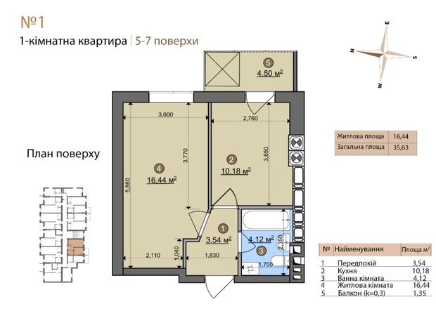 ЖК Fastiv City: планування 1-кімнатної квартири 35.63 м²