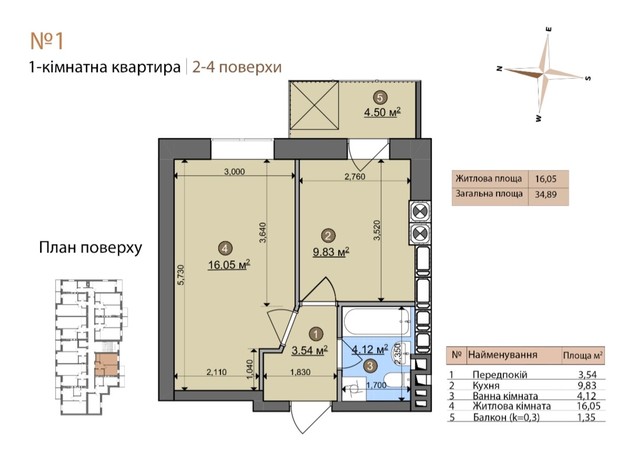 ЖК Fastiv City: планування 1-кімнатної квартири 34.89 м²