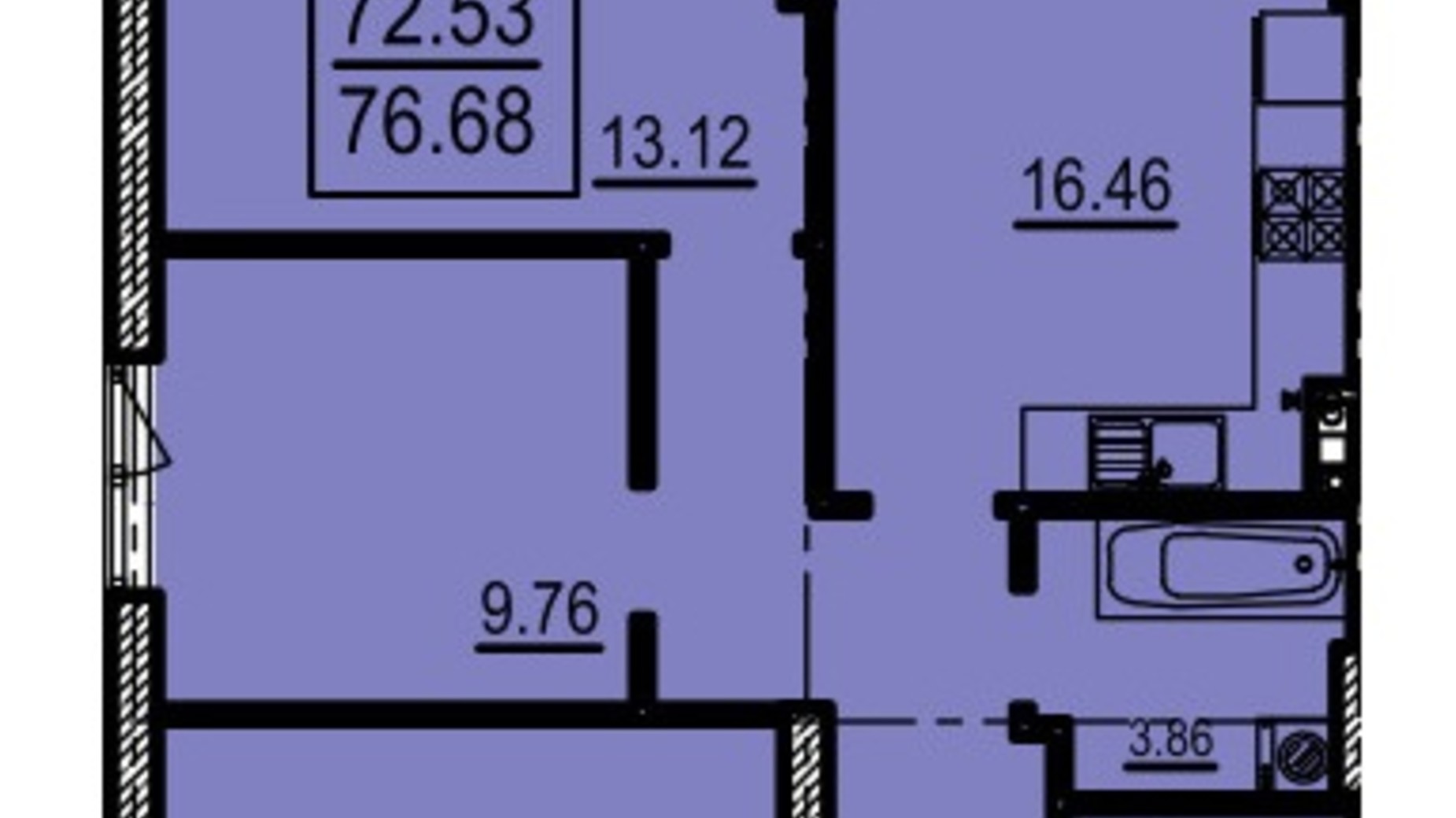 Планировка 3-комнатной квартиры в Апарт-Комплекс Калипсо 76.68 м², фото 602163