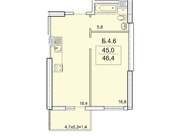 ЖК Акрополь: планировка 1-комнатной квартиры 46.4 м²