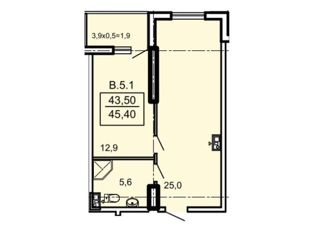 ЖК Акрополь: планировка 1-комнатной квартиры 45.4 м²