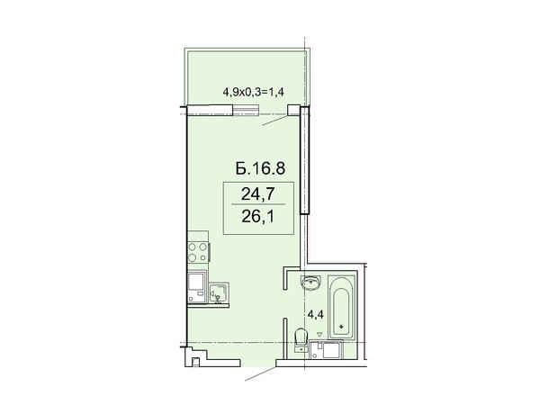 ЖК Акрополь: планування 1-кімнатної квартири 25.9 м²