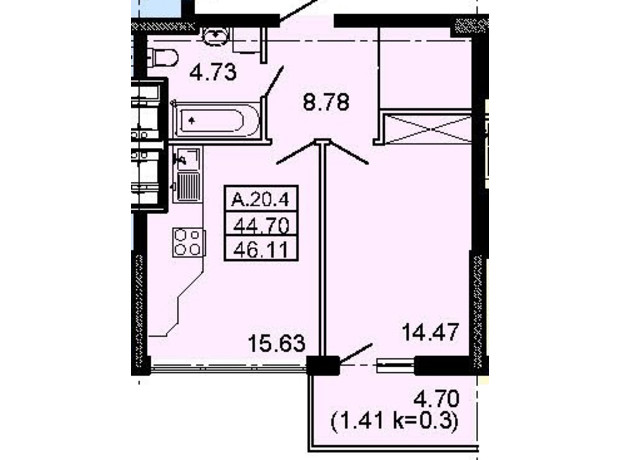 ЖК Акрополь: планування 1-кімнатної квартири 46.11 м²