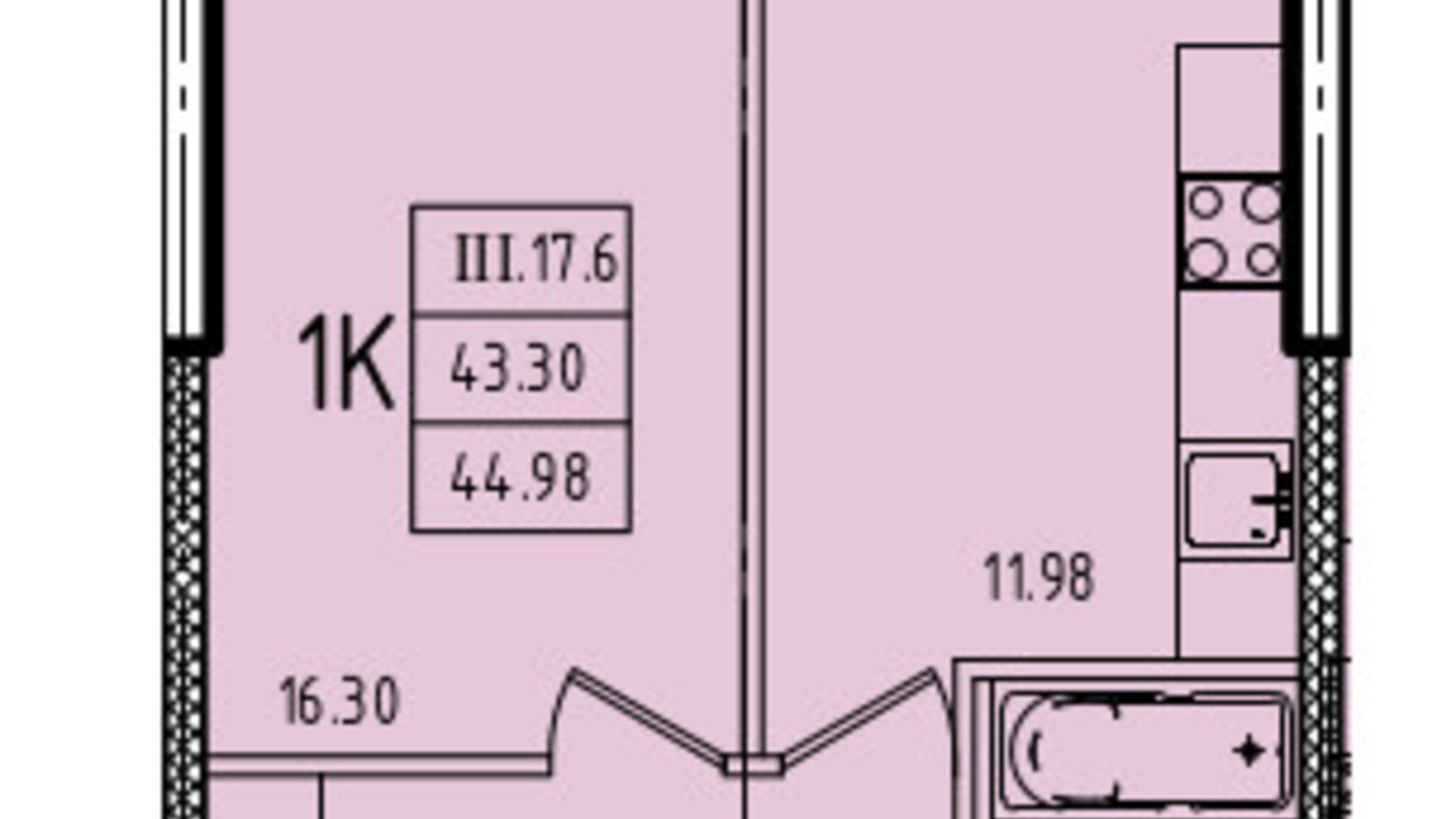 Планировка 1-комнатной квартиры в ЖК Эллада 44.98 м², фото 602286