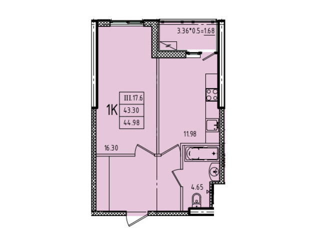 ЖК Эллада: планировка 1-комнатной квартиры 44.98 м²