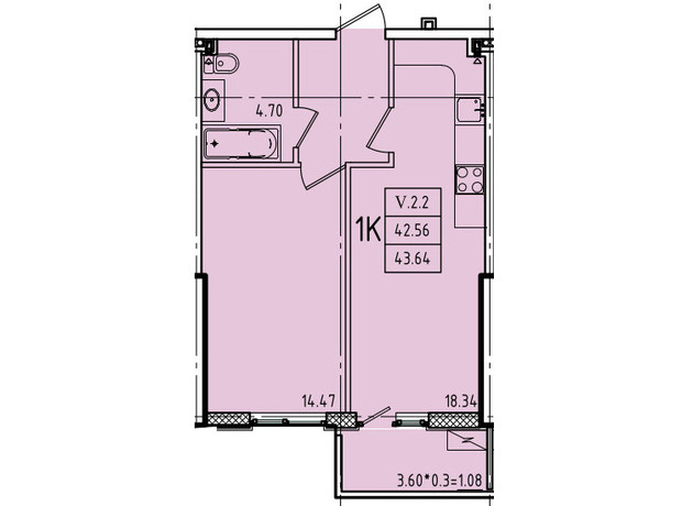 ЖК Еллада: планування 1-кімнатної квартири 43.64 м²