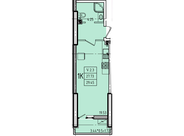 ЖК Еллада: планування 1-кімнатної квартири 29.45 м²