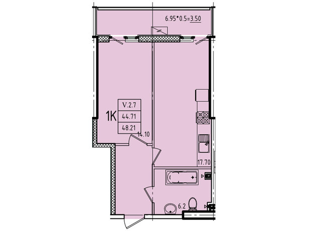 ЖК Эллада: планировка 1-комнатной квартиры 48.21 м²