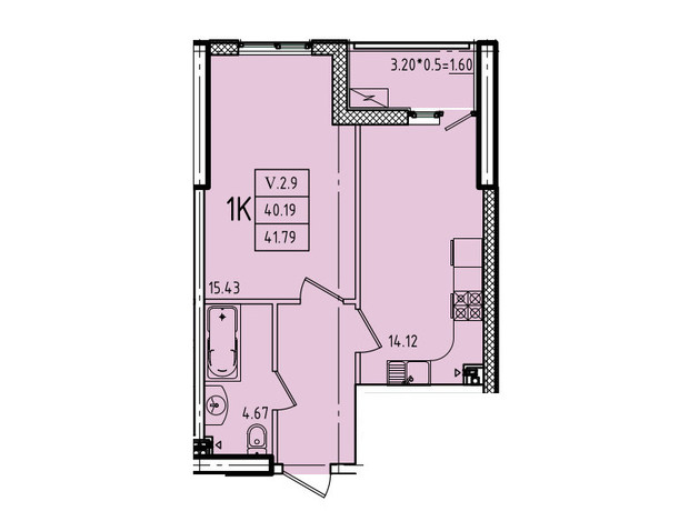 ЖК Еллада: планування 1-кімнатної квартири 41.79 м²