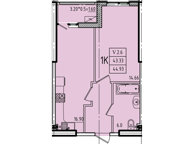 ЖК Эллада: планировка 1-комнатной квартиры 44.93 м²